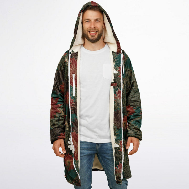 Desert Flowers Carpet Cuddle Coat | Green Red | Unisex Minky Sherpa Lined Coat with Hood, Zipper and Pockets | Women and Mens Festival Coat | Mountain Fashion