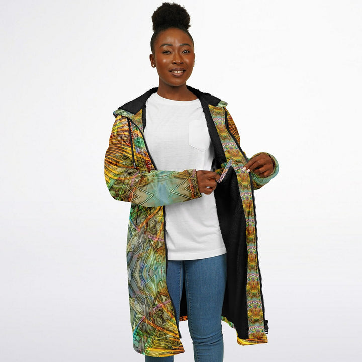 Lotus Guardian Cuddle Coat | Unisex Minky Sherpa Lined Coat with Hood, Zipper and Pockets | Women and Mens Festival Coat | Mountain Fashion