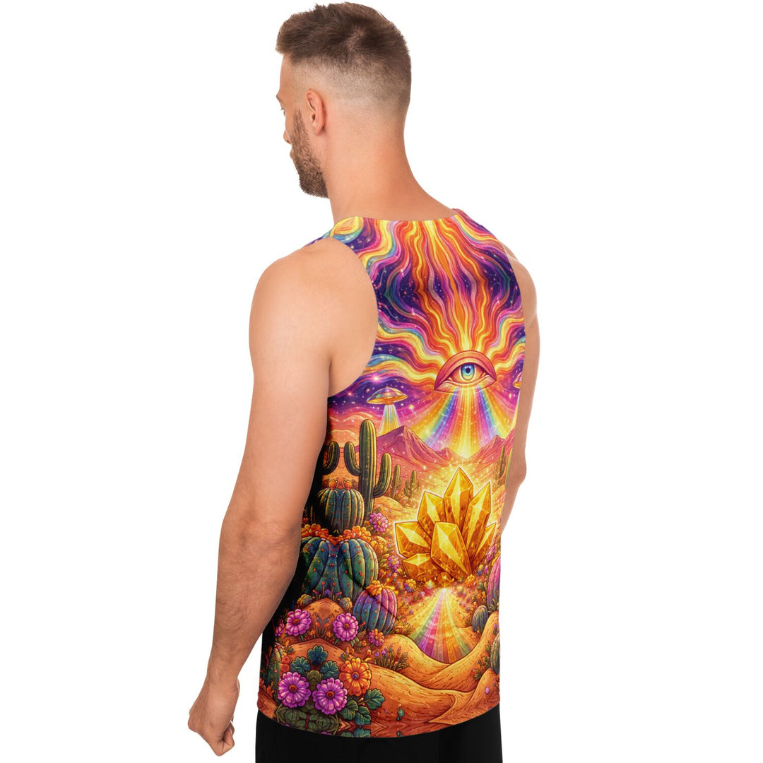 Psychedelic Desert Eye Tank Top – Festival Rave Shirt with Gold Crystal &amp; Cosmic Print
