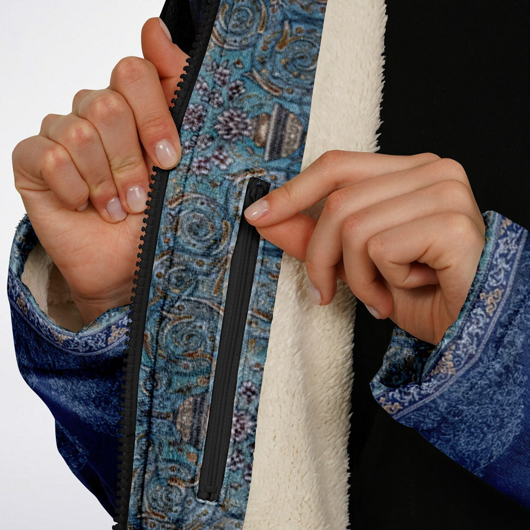 Radial Blue Persian Carpet Cuddle Coat | Unisex Minky Sherpa Lined Coat with Hood, Zipper and Pockets | Women and Mens Festival Coat | Mountain Fashion