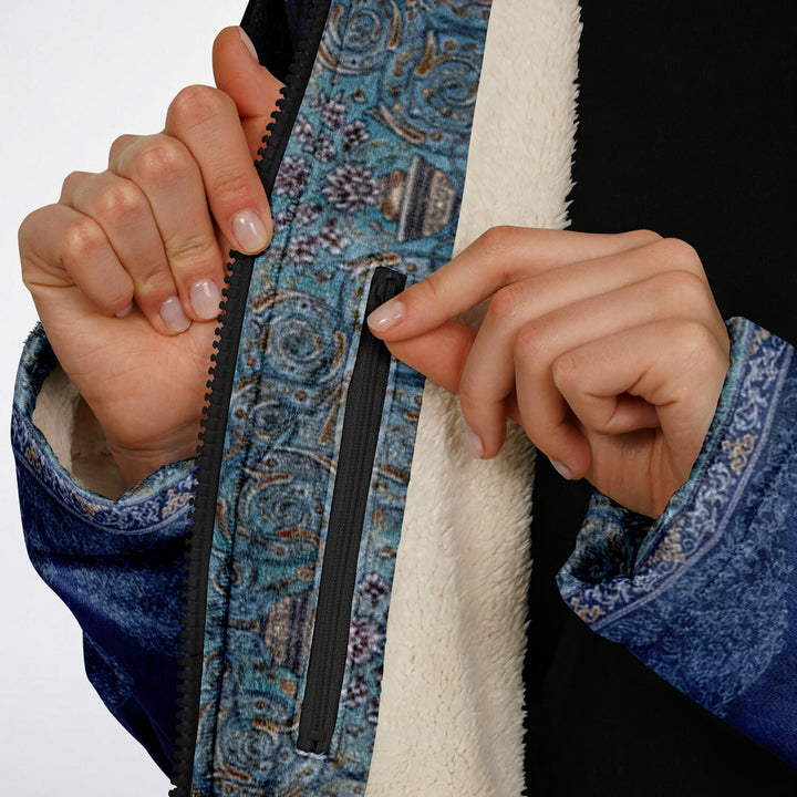 Radial Blue Persian Carpet Cuddle Coat | Unisex Minky Sherpa Lined Coat with Hood, Zipper and Pockets | Women and Mens Festival Coat | Mountain Fashion