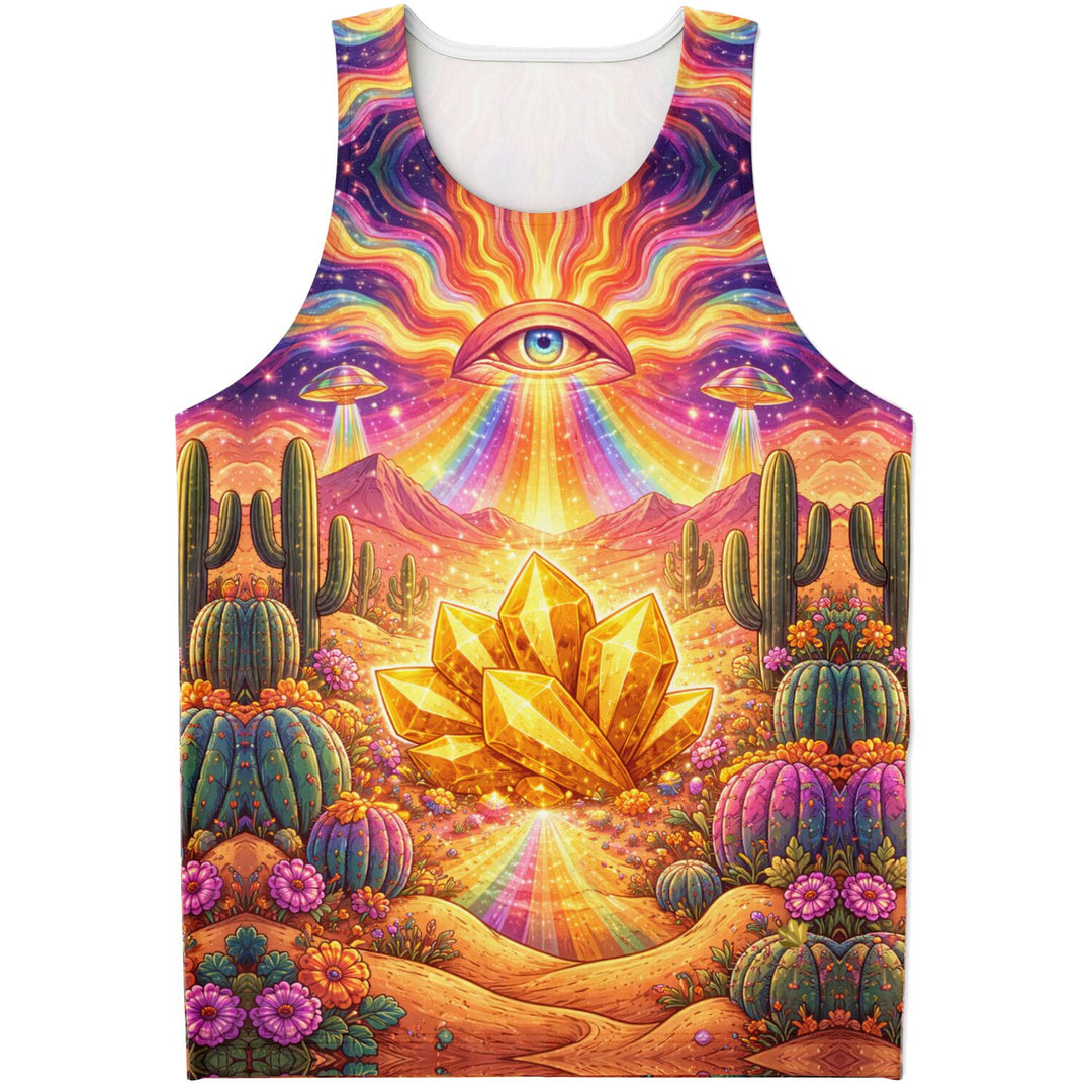 Psychedelic Desert Eye Tank Top – Festival Rave Shirt with Gold Crystal &amp; Cosmic Print