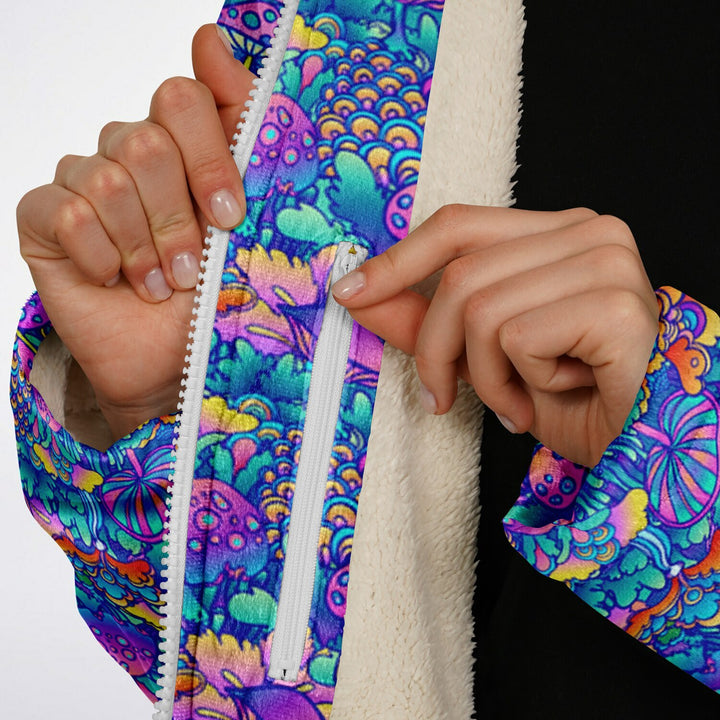 Psychedelic Mushrooms Cuddle Coat | Unisex Minky Sherpa Lined Coat with Hood, Zipper and Pockets | Women and Mens Festival Coat | Mountain Fashion