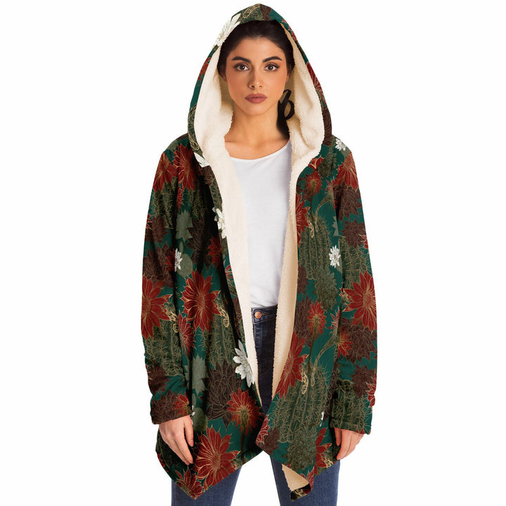 Desert Flowers Cuddle Cloak | Green Red | Unisex Minky Sherpa Lined Hooded Coat | Women and Mens Festival Coat | Mountain Fashion