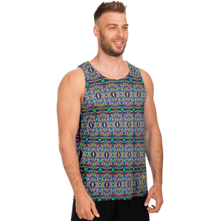 Holographic Print Tank Top – Trippy Geometric Festival Shirt with Optical Illusion Pattern