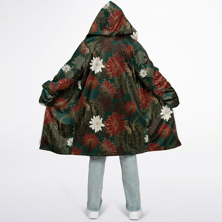 Desert Flowers Carpet Cuddle Coat | Green Red | Unisex Minky Sherpa Lined Coat with Hood, Zipper and Pockets | Women and Mens Festival Coat | Mountain Fashion