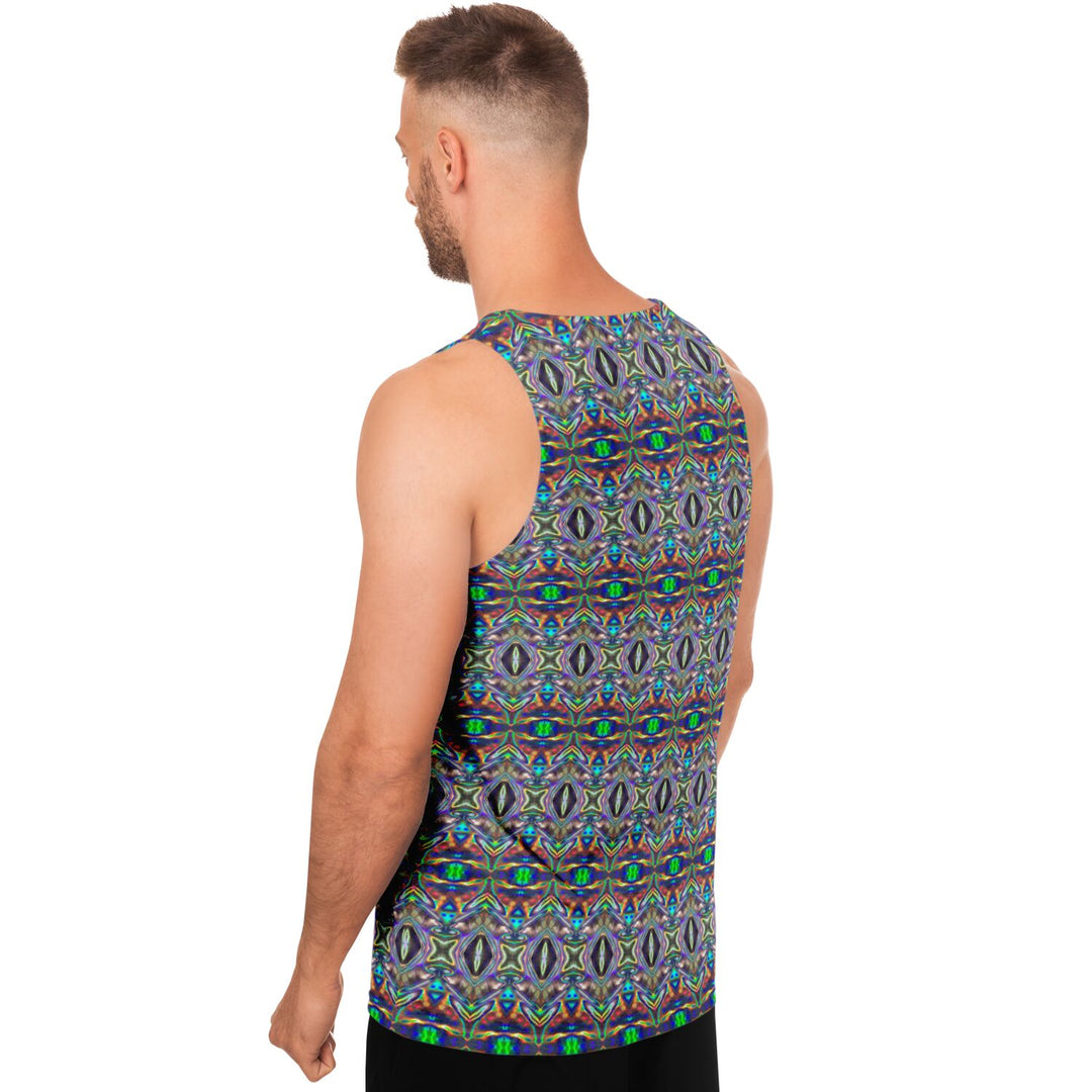 Holographic Print Tank Top – Trippy Geometric Festival Shirt with Optical Illusion Pattern