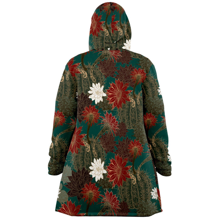 Desert Flowers Cuddle Cloak | Green Red | Unisex Minky Sherpa Lined Hooded Coat | Women and Mens Festival Coat | Mountain Fashion
