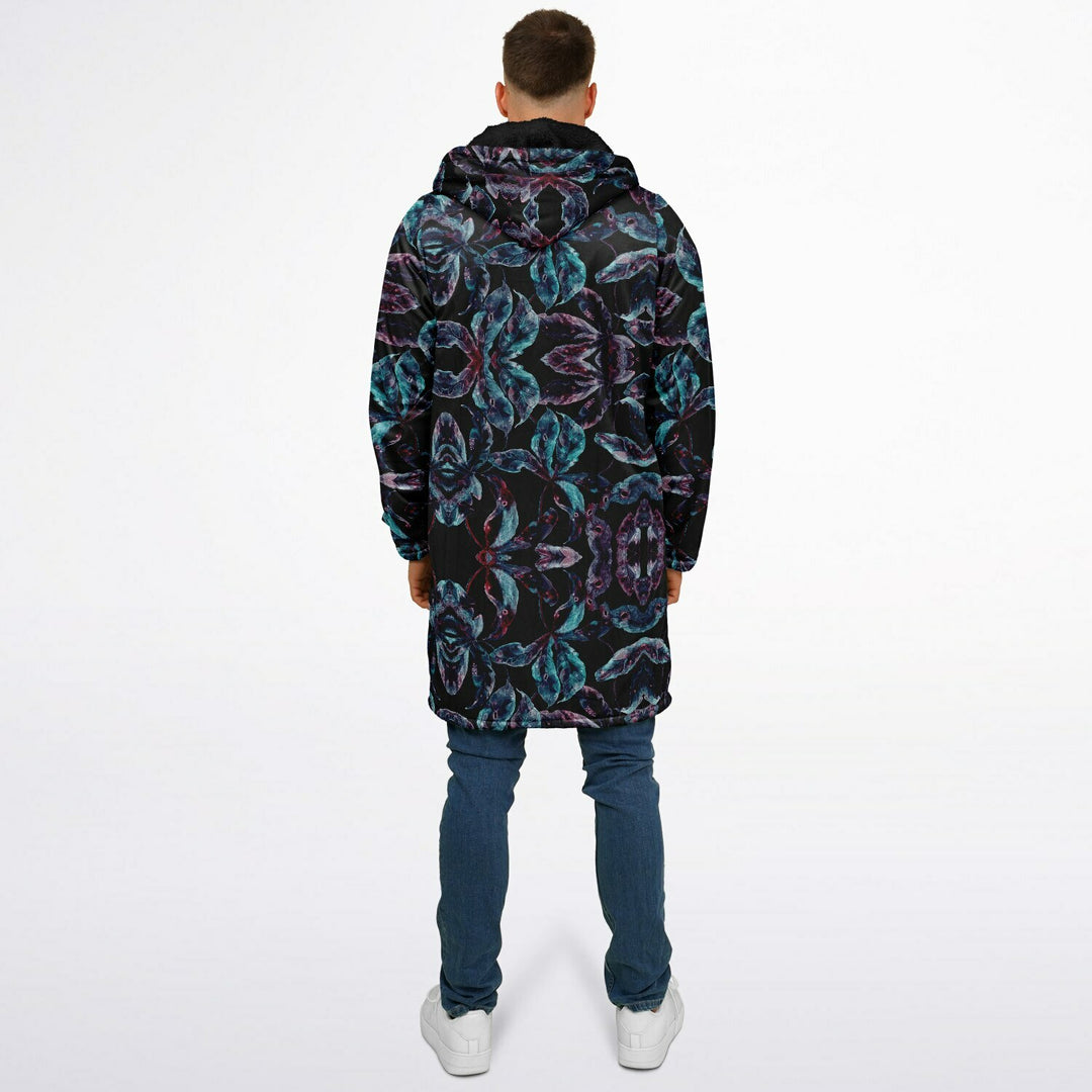 Dark Tropics Cuddle Coat | Unisex Minky Sherpa Lined Coat with Hood, Zipper and Pockets | Women and Mens Festival Coat | Mountain Fashion