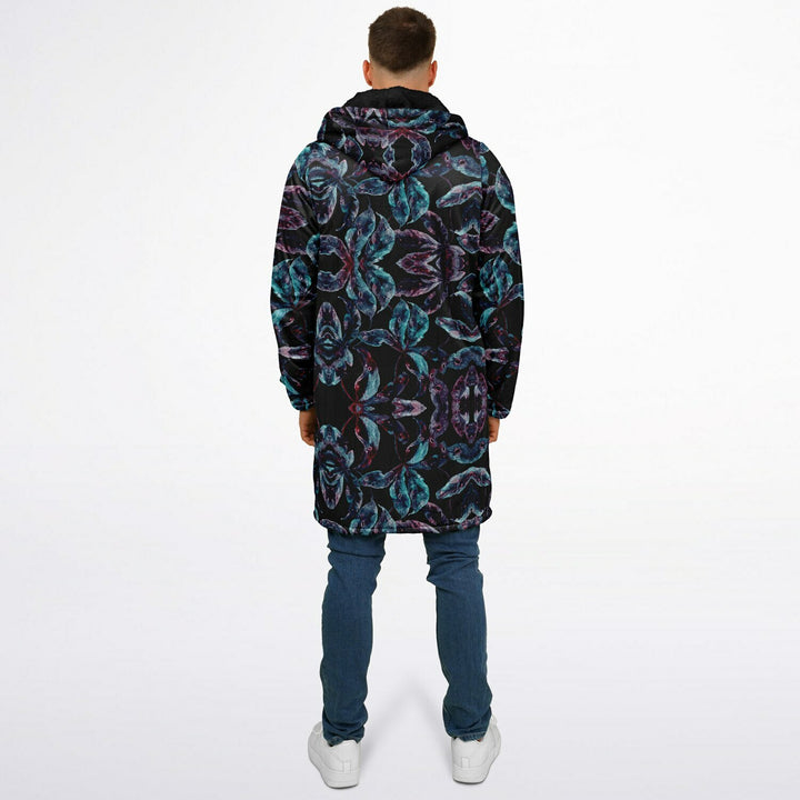 Dark Tropics Cuddle Coat | Unisex Minky Sherpa Lined Coat with Hood, Zipper and Pockets | Women and Mens Festival Coat | Mountain Fashion