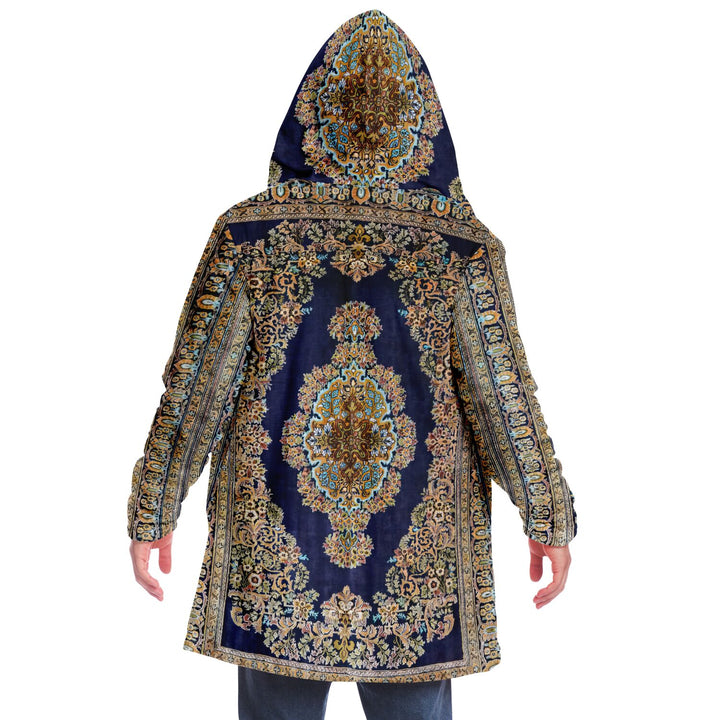 Classic Persian Carpet Cuddle Cloak | Qom, Blue and Gold | Unisex Minky Sherpa Hooded Coat | Women and Mens Festival Coat | Mountain Fashion