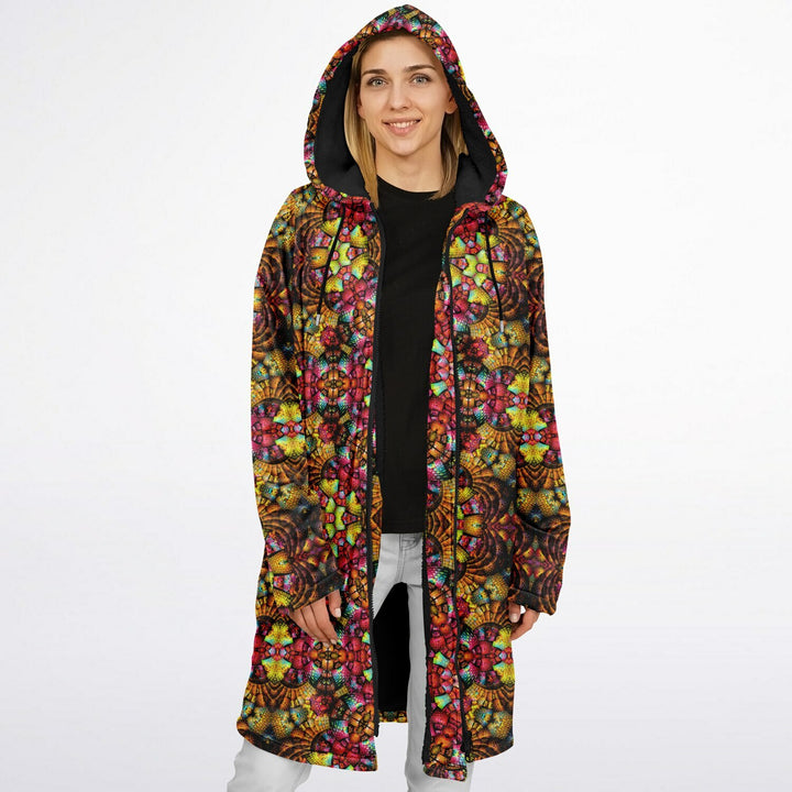 Fractal Glass Cuddle Coat | Unisex Minky Sherpa Lined Coat with Hood, Zipper and Pockets | Women and Mens Festival Coat | Mountain Fashion