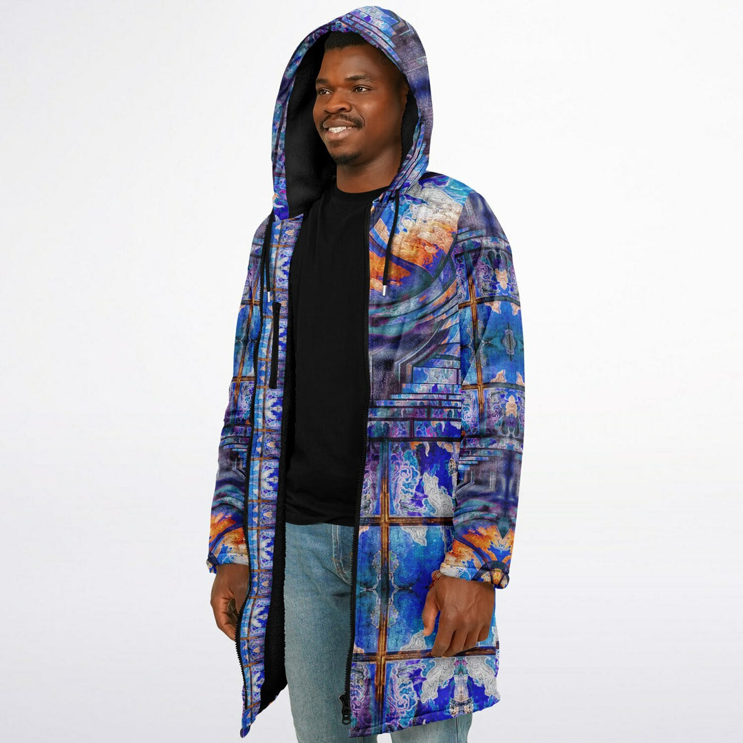 Transcendence Cuddle Coat | Unisex Minky Sherpa Lined Coat with Hood, Zipper and Pockets | Women and Mens Festival Coat | Mountain Fashion