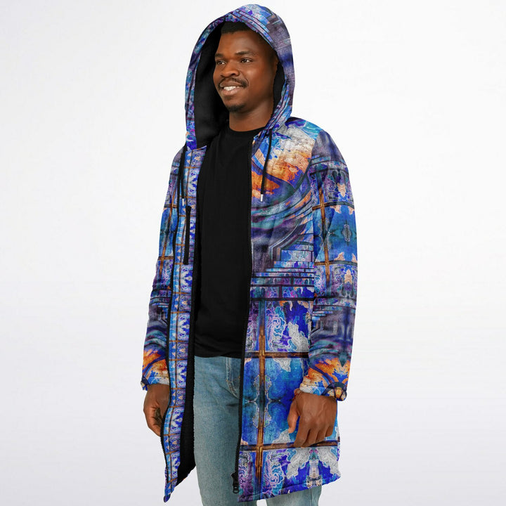 Transcendence Cuddle Coat | Unisex Minky Sherpa Lined Coat with Hood, Zipper and Pockets | Women and Mens Festival Coat | Mountain Fashion