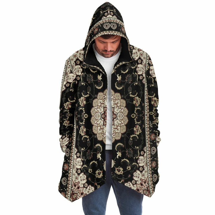 Classic Black Persian Carpet Cuddle Cloak | Unisex Minky Sherpa Lined Hooded Coat | Women and Mens Festival Coat | Mountain Fashion