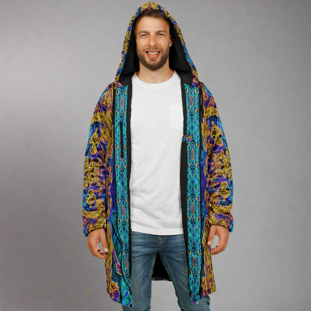 Seer Cuddle Coat | Unisex Minky Sherpa Lined Coat with Hood, Zipper and Pockets | Women and Mens Festival Coat | Mountain Fashion