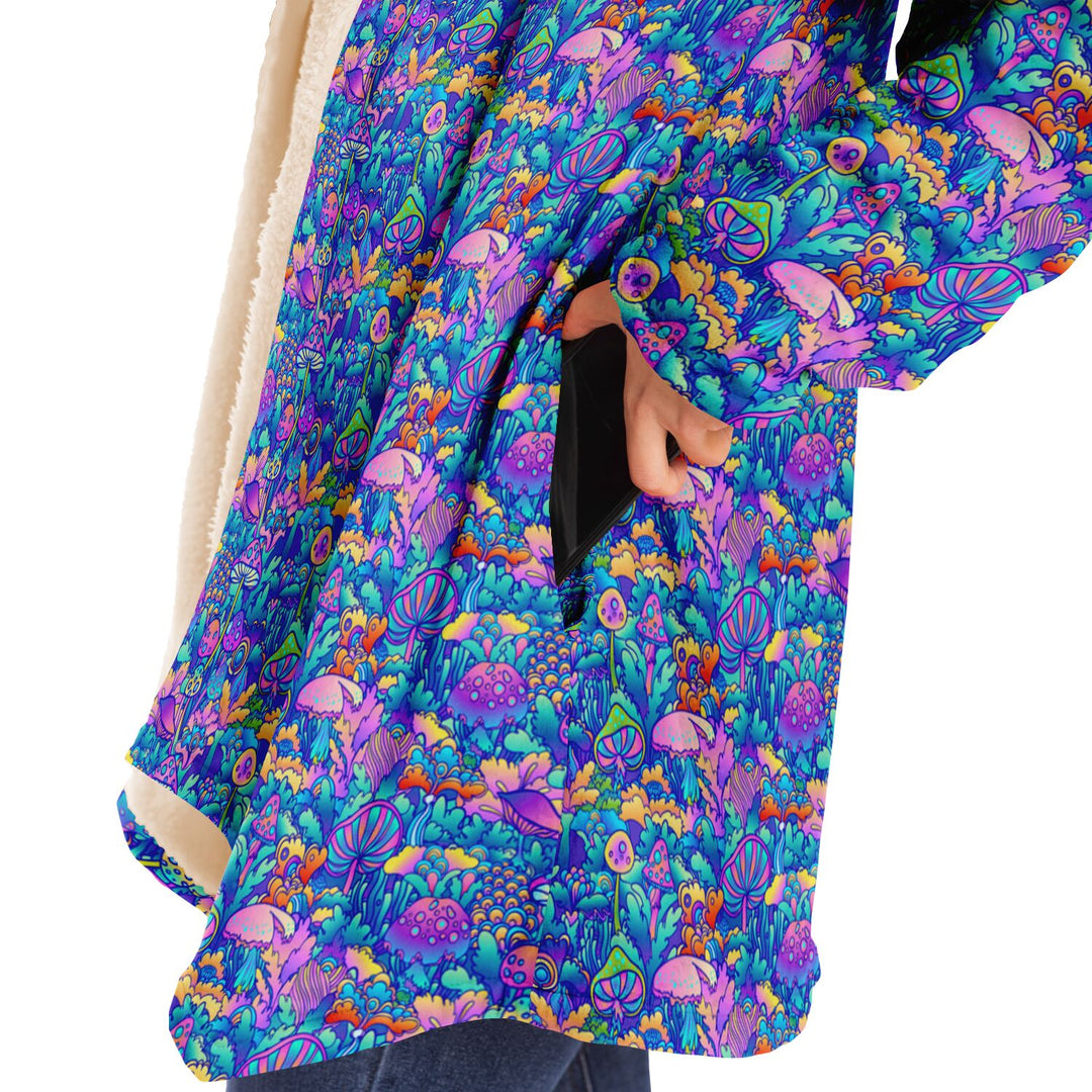 Psychedelic Mushrooms Cuddle Cloak | Unisex Minky Sherpa Lined Hooded Coat | Women and Mens Festival Coat | Mountain Fashion