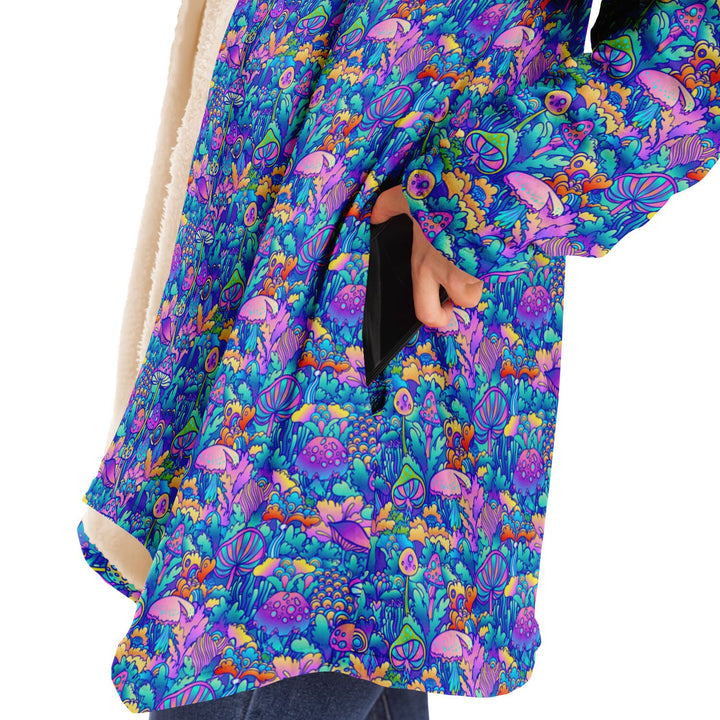 Psychedelic Mushrooms Cuddle Cloak | Unisex Minky Sherpa Lined Hooded Coat | Women and Mens Festival Coat | Mountain Fashion