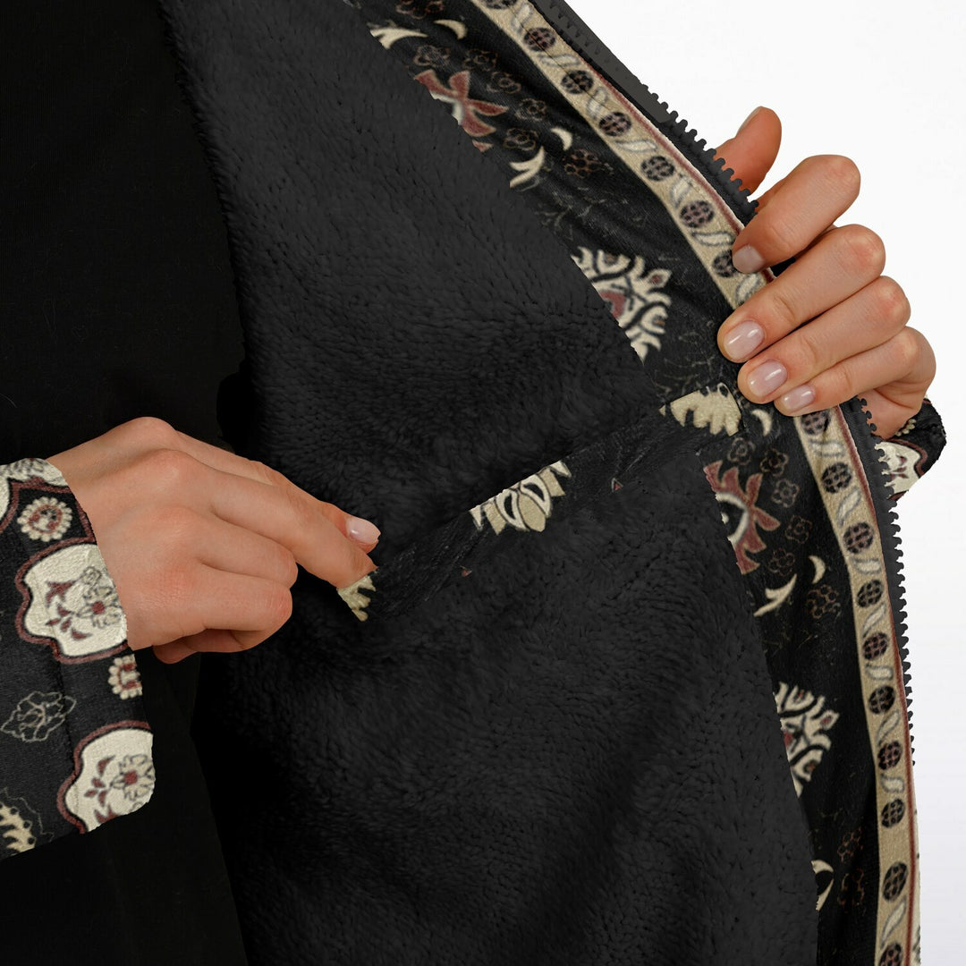 Classic Black Persian Carpet Cuddle Coat | Unisex Minky Sherpa Lined Coat with Hood, Zipper and Pockets | Women and Mens Festival Coat | Mountain Fashion