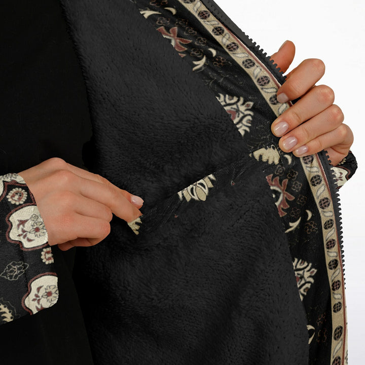 Classic Black Persian Carpet Cuddle Coat | Unisex Minky Sherpa Lined Coat with Hood, Zipper and Pockets | Women and Mens Festival Coat | Mountain Fashion