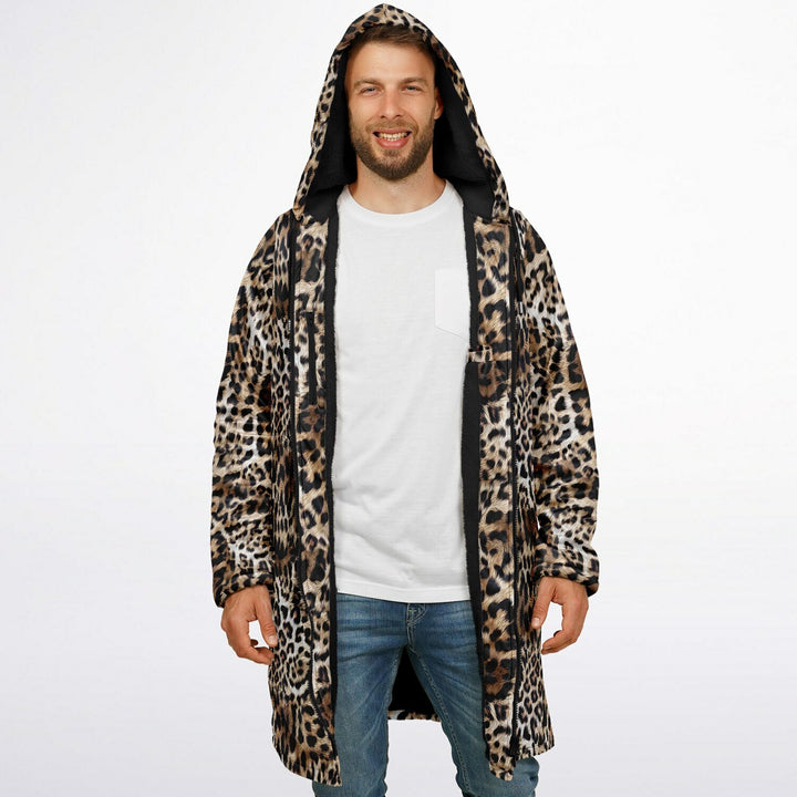 Leopard Print Cuddle Coat | Unisex Minky Sherpa Lined Coat with Hood, Zipper and Pockets | Women and Mens Festival Coat | Mountain Fashion