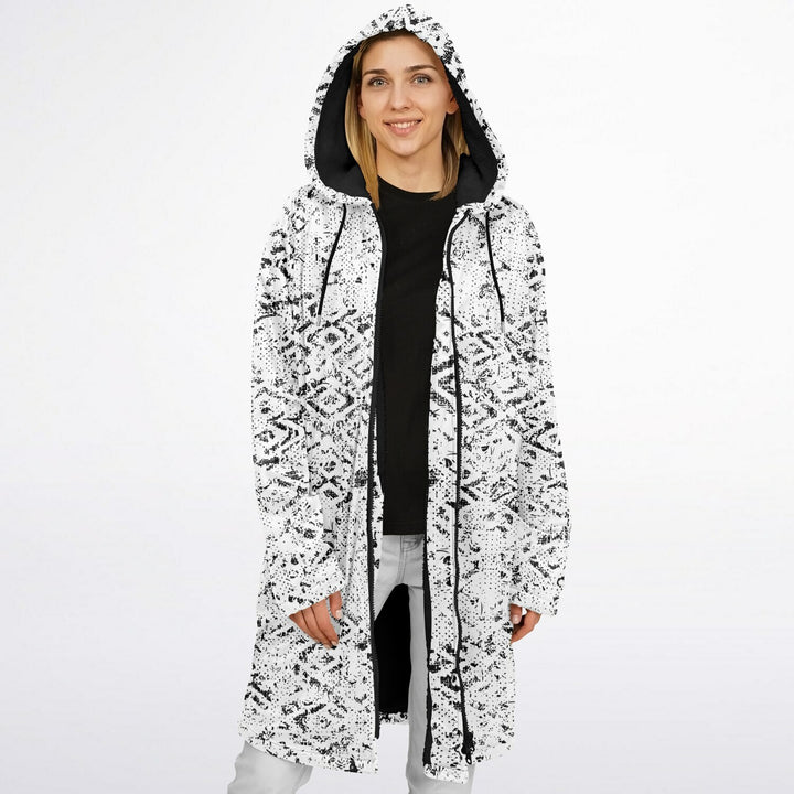 Tribal Fade Cuddle Coat |  Black White | Unisex Minky Sherpa Lined Coat with Hood, Zipper and Pockets | Women and Mens Festival Coat | Mountain Fashion
