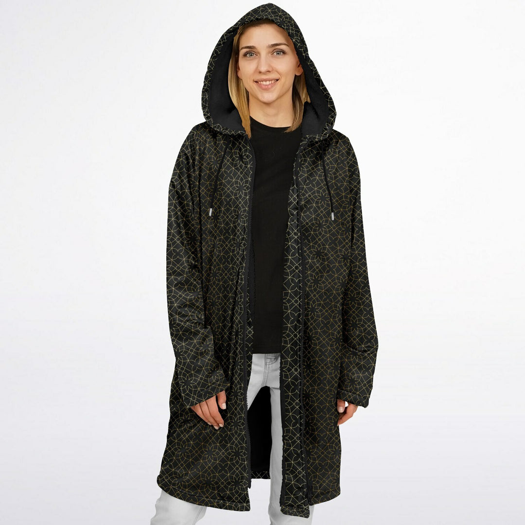 Black and Gold Sacred Geometry Flower Cuddle Coat | Unisex Minky Sherpa Lined Coat with Hood, Zipper and Pockets | Women and Mens Festival Coat | Mountain Fashion