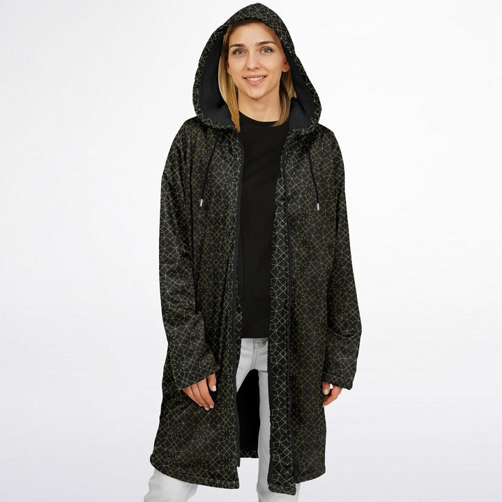 Black and Gold Sacred Geometry Flower Cuddle Coat | Unisex Minky Sherpa Lined Coat with Hood, Zipper and Pockets | Women and Mens Festival Coat | Mountain Fashion