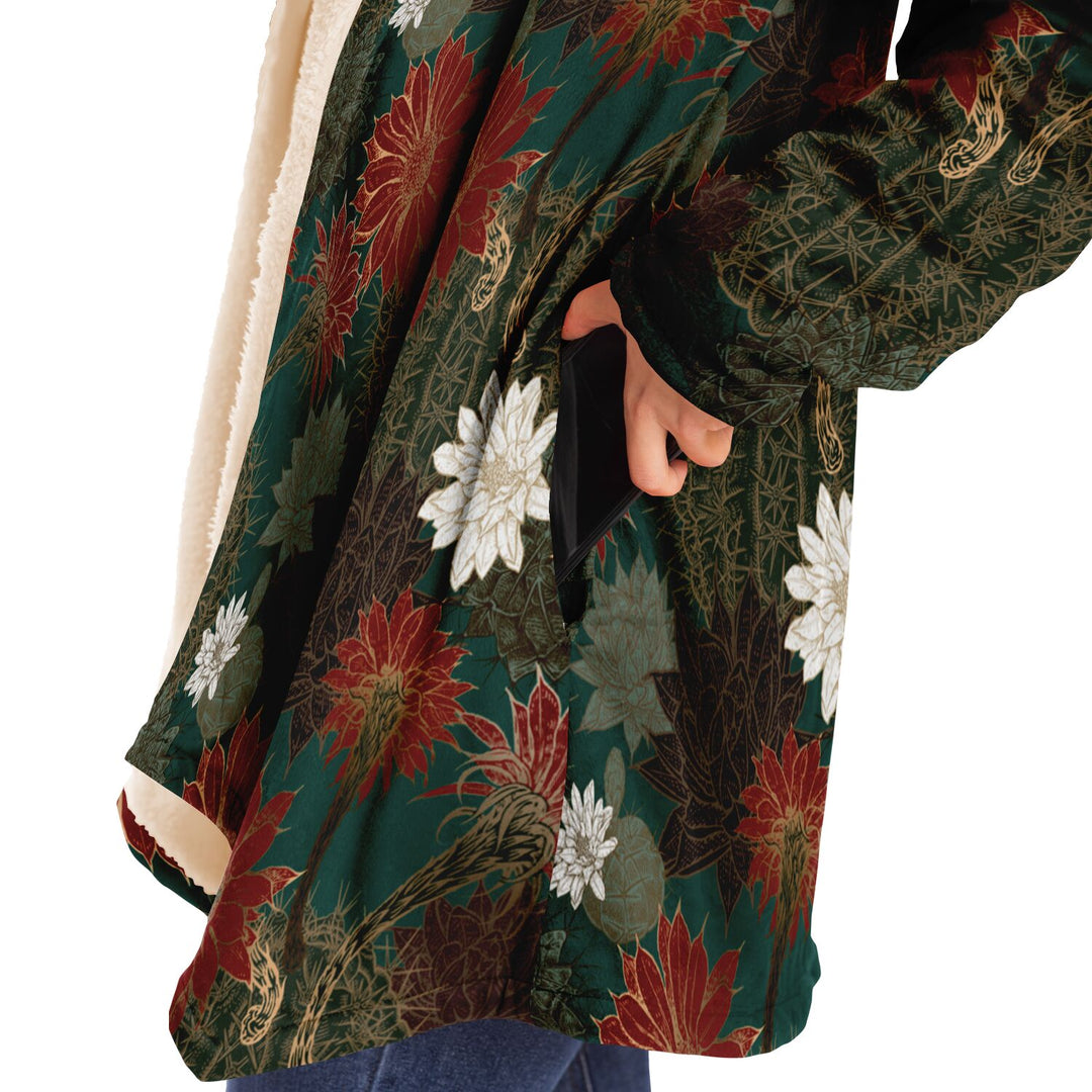 Desert Flowers Cuddle Cloak | Green Red | Unisex Minky Sherpa Lined Hooded Coat | Women and Mens Festival Coat | Mountain Fashion