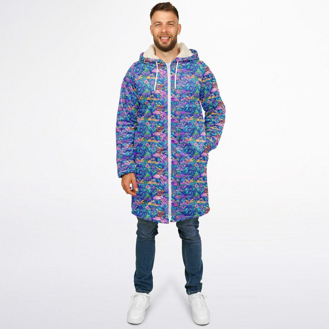 Psychedelic Mushrooms Cuddle Coat | Unisex Minky Sherpa Lined Coat with Hood, Zipper and Pockets | Women and Mens Festival Coat | Mountain Fashion