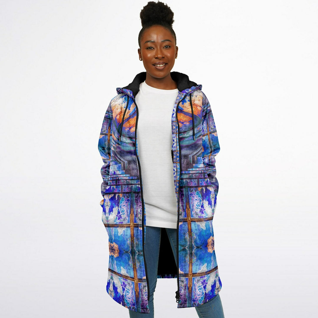 Transcendence Cuddle Coat | Unisex Minky Sherpa Lined Coat with Hood, Zipper and Pockets | Women and Mens Festival Coat | Mountain Fashion