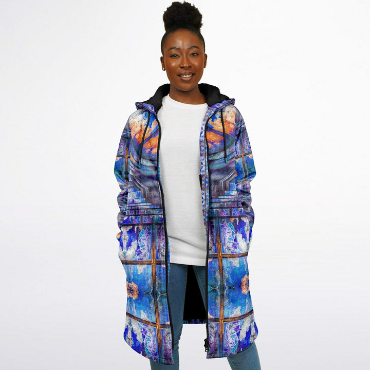 Transcendence Cuddle Coat | Unisex Minky Sherpa Lined Coat with Hood, Zipper and Pockets | Women and Mens Festival Coat | Mountain Fashion