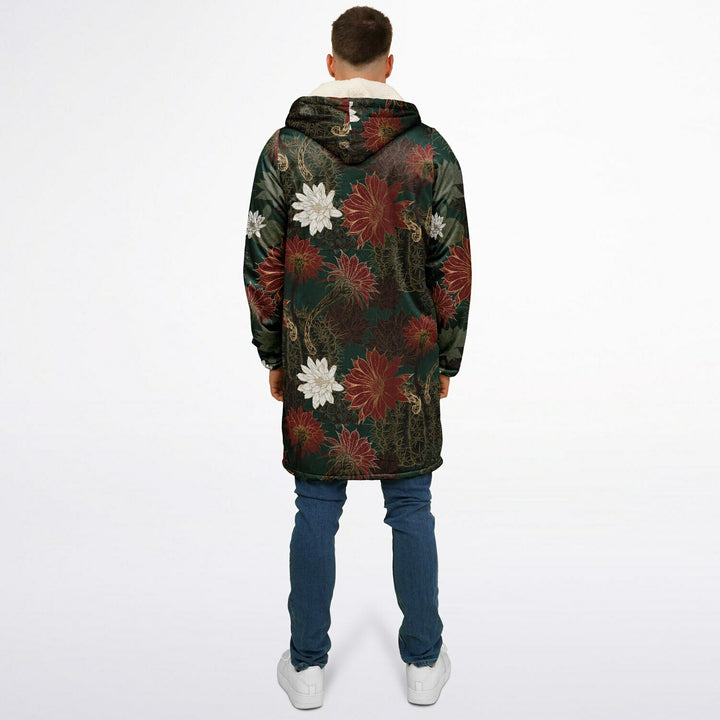 Desert Flowers Carpet Cuddle Coat | Green Red | Unisex Minky Sherpa Lined Coat with Hood, Zipper and Pockets | Women and Mens Festival Coat | Mountain Fashion