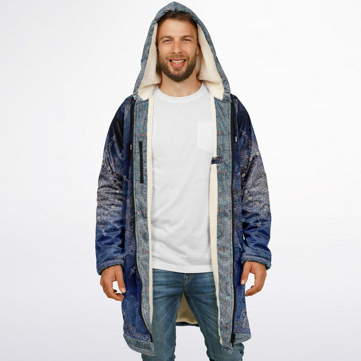 Radial Blue Persian Carpet Cuddle Coat | Unisex Minky Sherpa Lined Coat with Hood, Zipper and Pockets | Women and Mens Festival Coat | Mountain Fashion