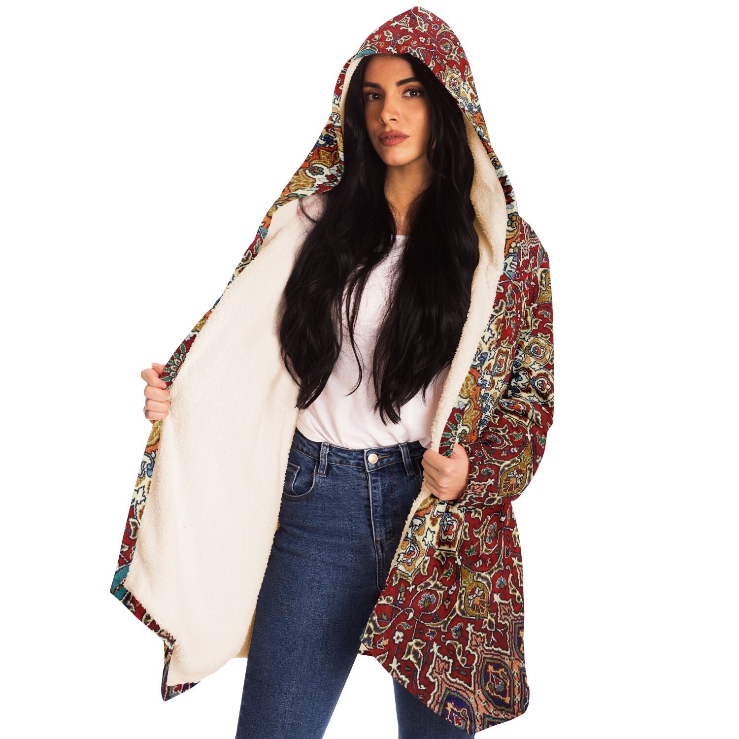 Classic Persian Carpet Sherpa Cuddle Cloak  | Gonbad, Red | Unisex Minky Sherpa Hooded Coat