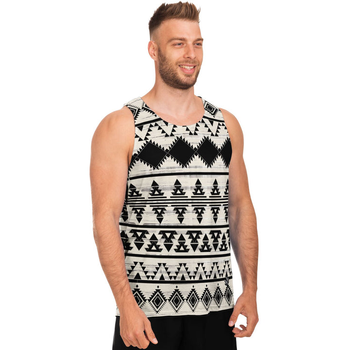 Hawk Eye Tribal Tank Top – Geometric Festival Shirt with Black &amp; Ivory Pattern