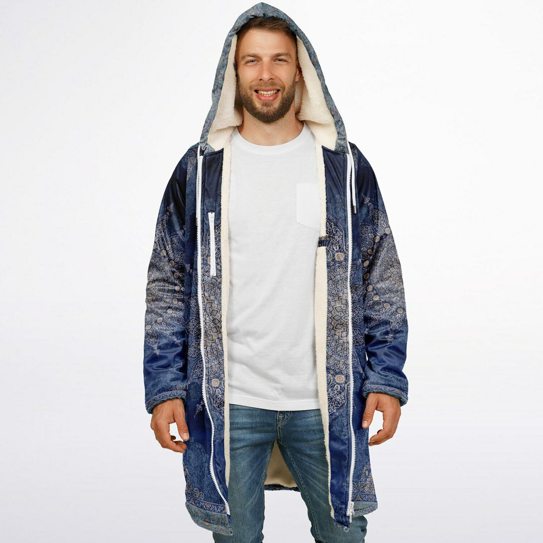 Radial Blue Persian Carpet Cuddle Coat | Unisex Minky Sherpa Lined Coat with Hood, Zipper and Pockets | Women and Mens Festival Coat | Mountain Fashion