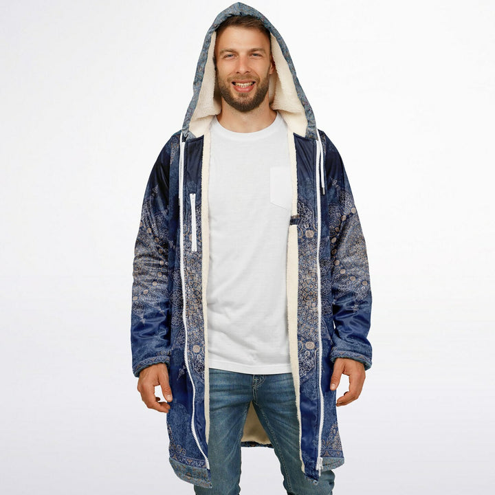 Radial Blue Persian Carpet Cuddle Coat | Unisex Minky Sherpa Lined Coat with Hood, Zipper and Pockets | Women and Mens Festival Coat | Mountain Fashion