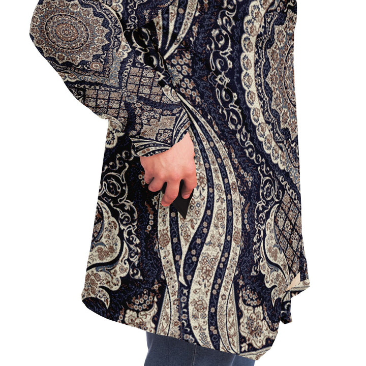 Blue Swirl Persian Carpet Cuddle Cloak | Blue, Brown | Unisex Minky Sherpa Hooded Coat