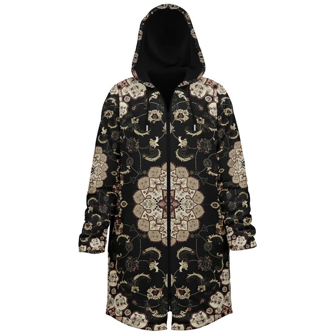 Classic Black Persian Carpet Cuddle Coat | Unisex Minky Sherpa Lined Coat with Hood, Zipper and Pockets | Women and Mens Festival Coat | Mountain Fashion