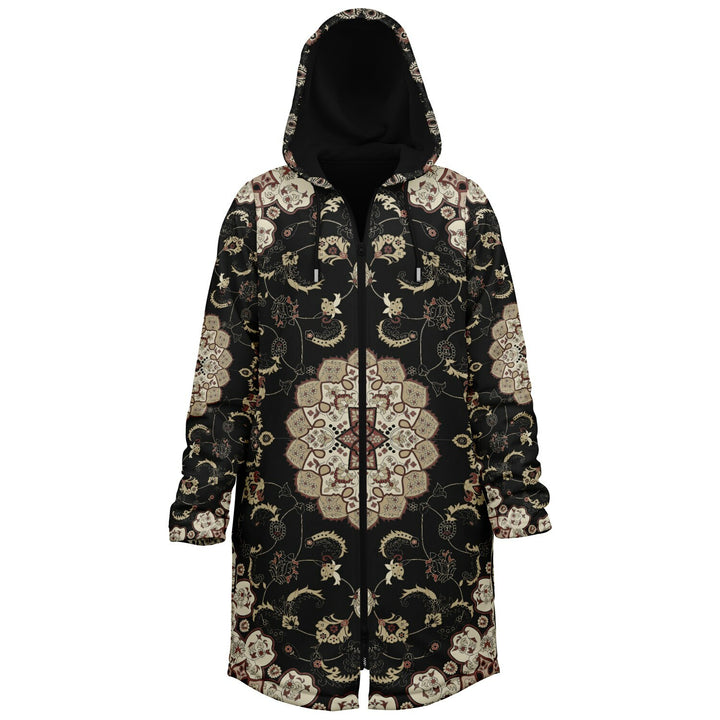 Classic Black Persian Carpet Cuddle Coat | Unisex Minky Sherpa Lined Coat with Hood, Zipper and Pockets | Women and Mens Festival Coat | Mountain Fashion