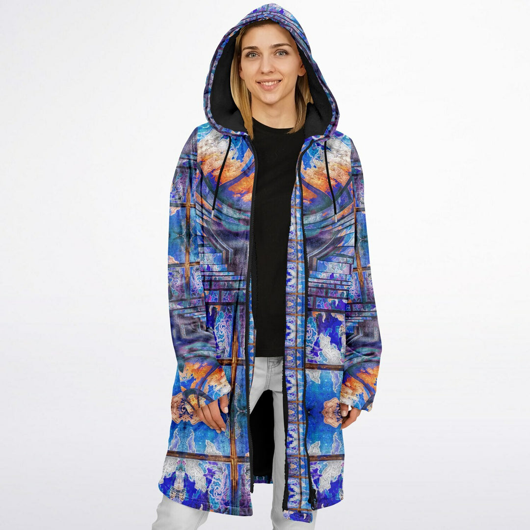 Transcendence Cuddle Coat | Unisex Minky Sherpa Lined Coat with Hood, Zipper and Pockets | Women and Mens Festival Coat | Mountain Fashion