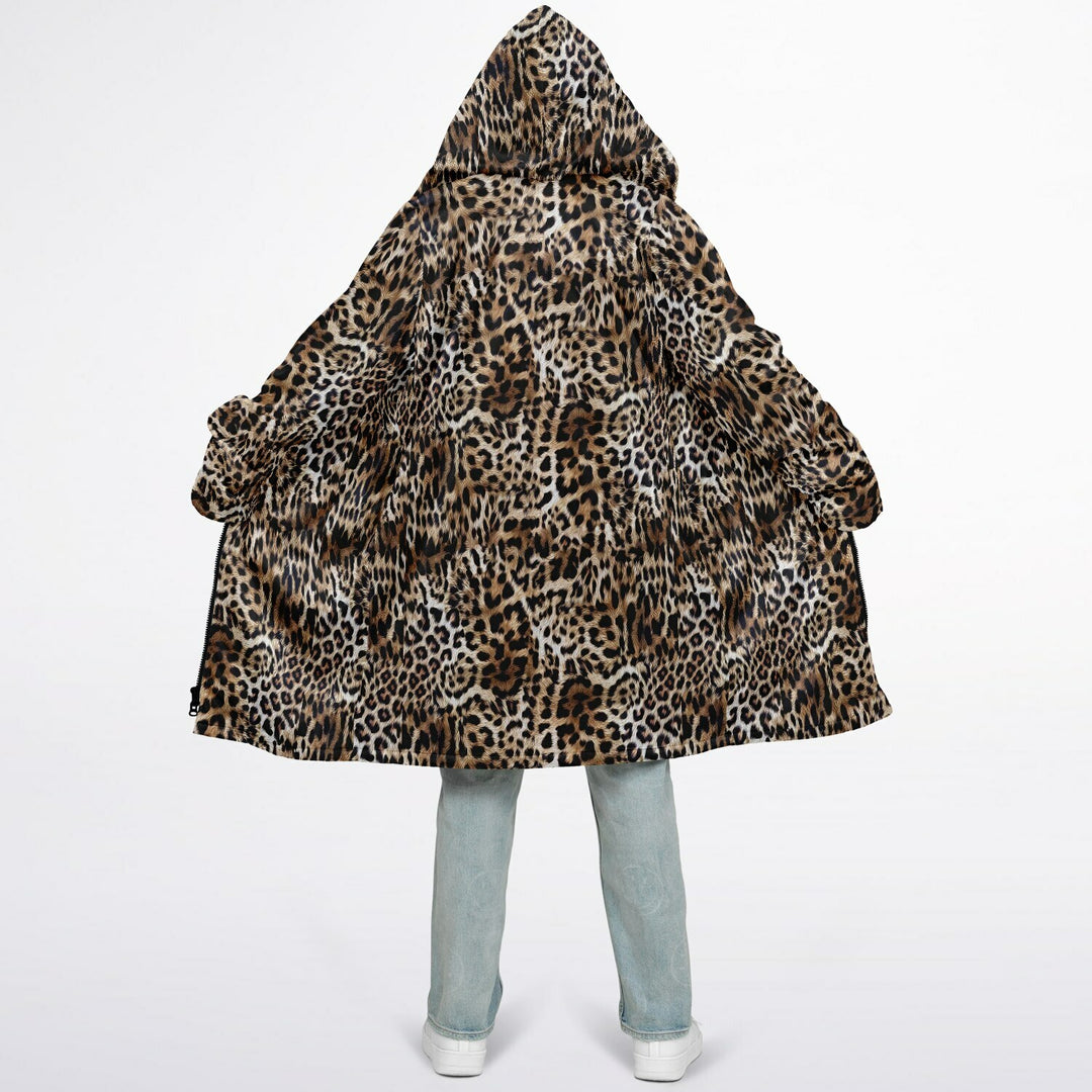 Leopard Print Cuddle Coat | Unisex Minky Sherpa Lined Coat with Hood, Zipper and Pockets | Women and Mens Festival Coat | Mountain Fashion