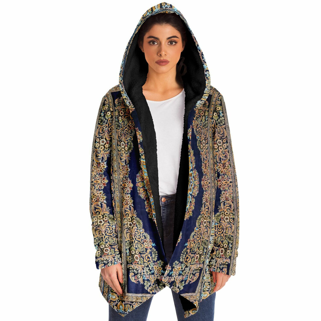 Classic Persian Carpet Cuddle Cloak | Qom, Blue and Gold | Unisex Minky Sherpa Hooded Coat | Women and Mens Festival Coat | Mountain Fashion