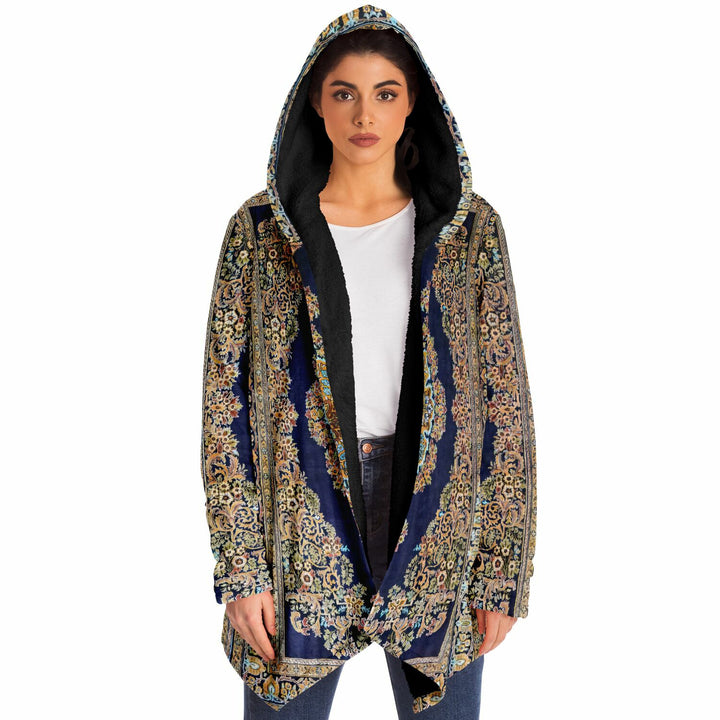 Classic Persian Carpet Cuddle Cloak | Qom, Blue and Gold | Unisex Minky Sherpa Hooded Coat | Women and Mens Festival Coat | Mountain Fashion