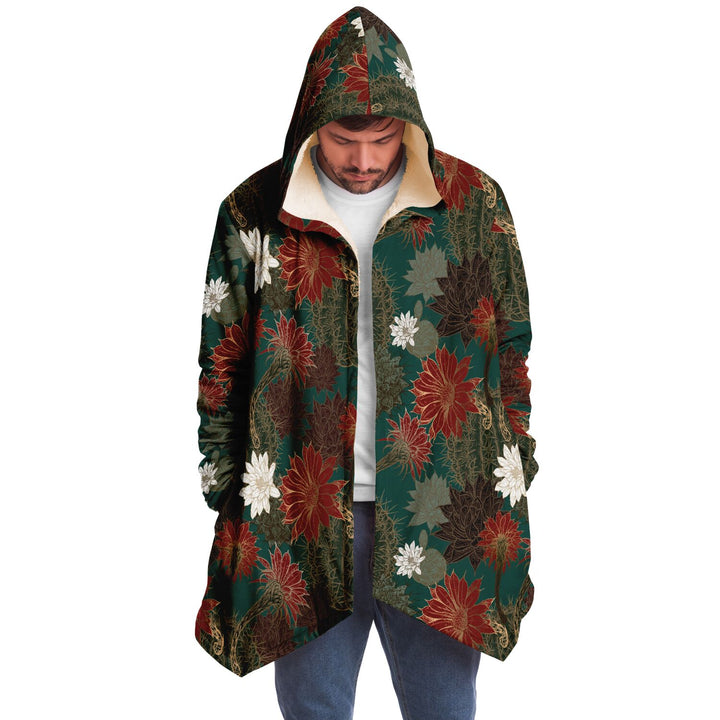 Desert Flowers Cuddle Cloak | Green Red | Unisex Minky Sherpa Lined Hooded Coat | Women and Mens Festival Coat | Mountain Fashion