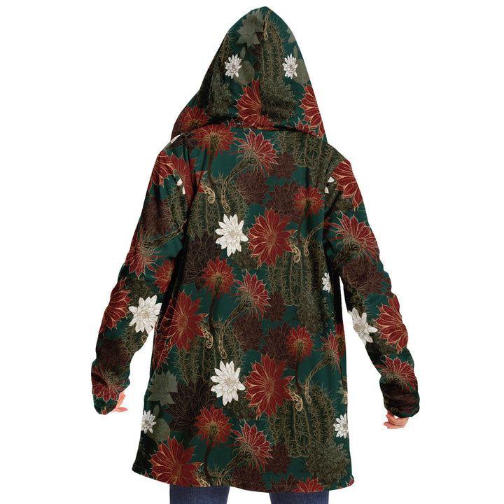 Desert Flowers Cuddle Cloak | Green Red | Unisex Minky Sherpa Lined Hooded Coat | Women and Mens Festival Coat | Mountain Fashion