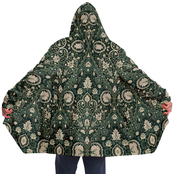 Green Persian Carpet Cuddle Cloak | Unisex Minky Sherpa Lined Coat with Hood, Zipper and Pockets | Women and Mens Festival Coat | Mountain Fashion