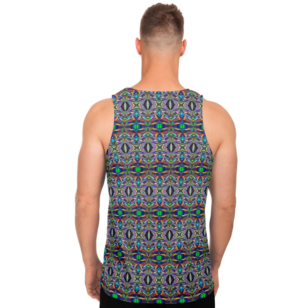 Holographic Print Tank Top – Trippy Geometric Festival Shirt with Optical Illusion Pattern