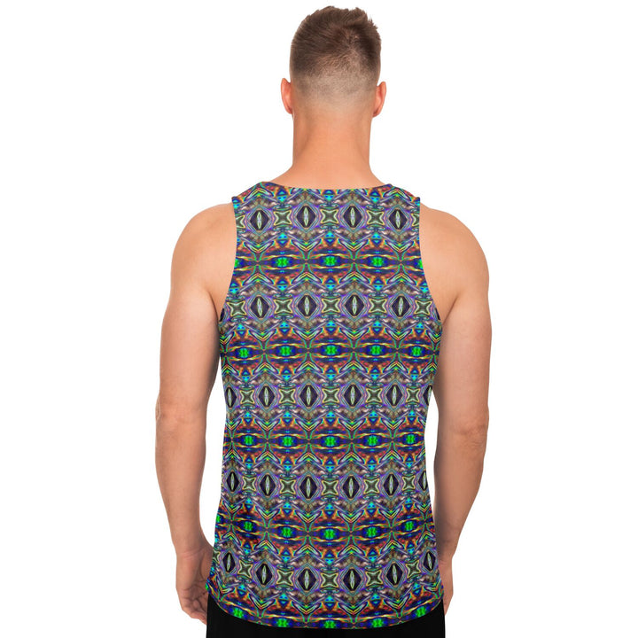 Holographic Print Tank Top – Trippy Geometric Festival Shirt with Optical Illusion Pattern
